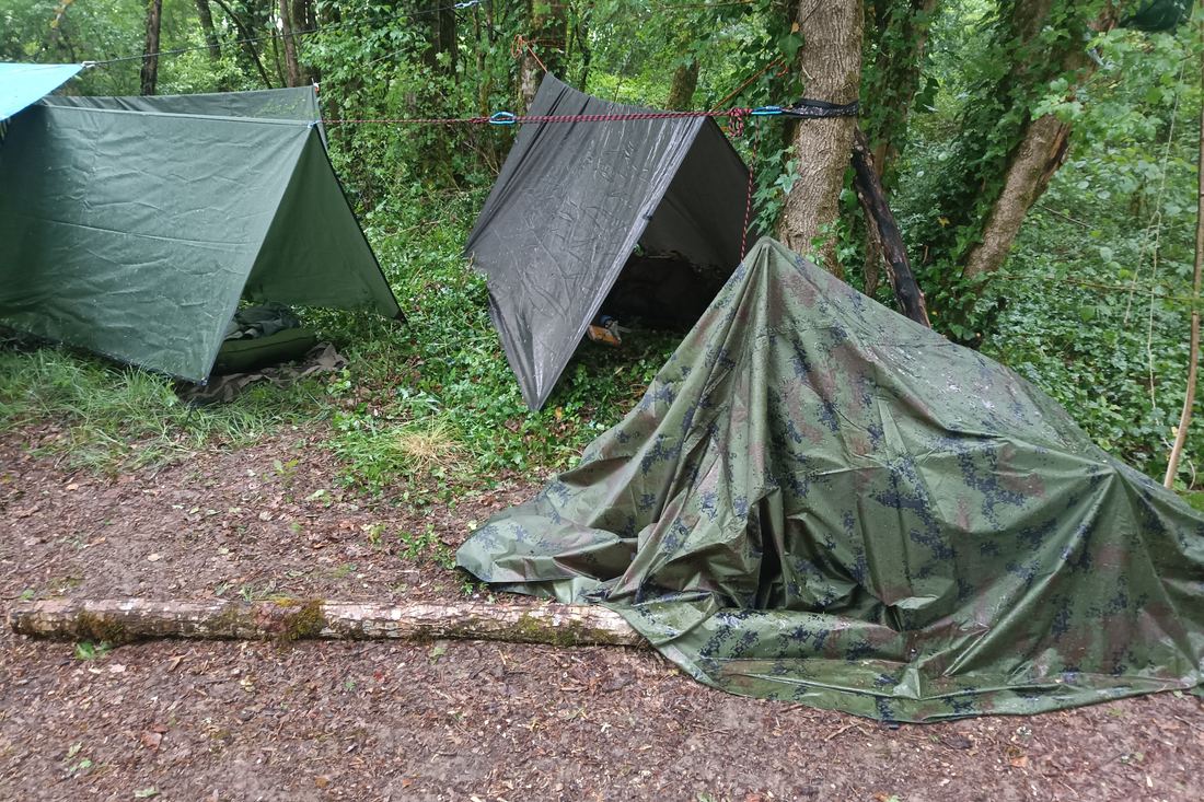 Abris sous tarp montés en forêt lors d'un bivouac de stage de survie