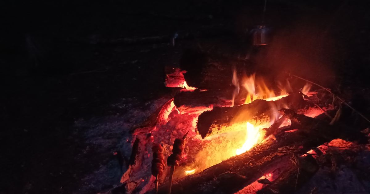 Feu de bivouac de nuit lors d'un stage de survie adulte